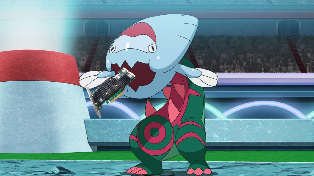 Dracovish, the fish-headed fossil Pokémon, chomping down on a Broadcom 9600-24i host bus adapter card in a Pokémon stadium