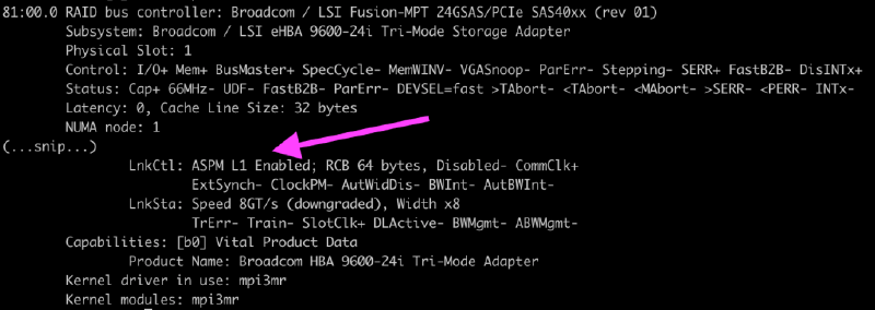 lspci -vvv output for the Broadcom 9600-24i with an arrow pointing at the line LnkCtl: ASPM L1 Enabled